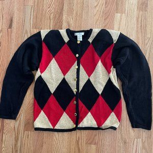 LISE J. Vintage Harlequin Argyle Button Down Cardigan Black Red Gold Size Med